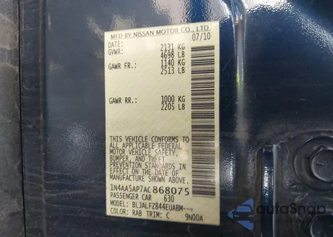 2010 Nissan Maxima 3.5 Sv из США, поврежденный, VIN 1N4AA5AP7AC868075